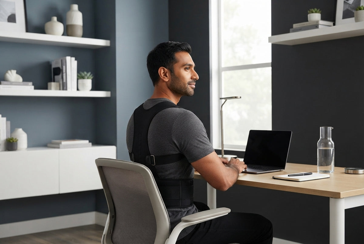 South Asian person wearing an ergonomic posture corrector belt while sitting at a modern desk in a home office.