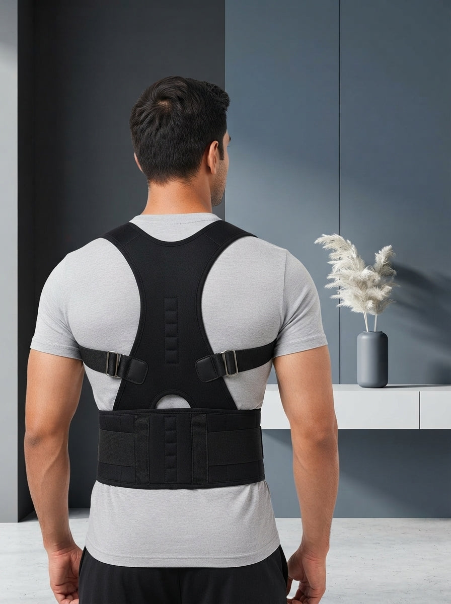 South Asian man wearing an adjustable posture corrector belt over his shirt in a modern, professional studio setting.